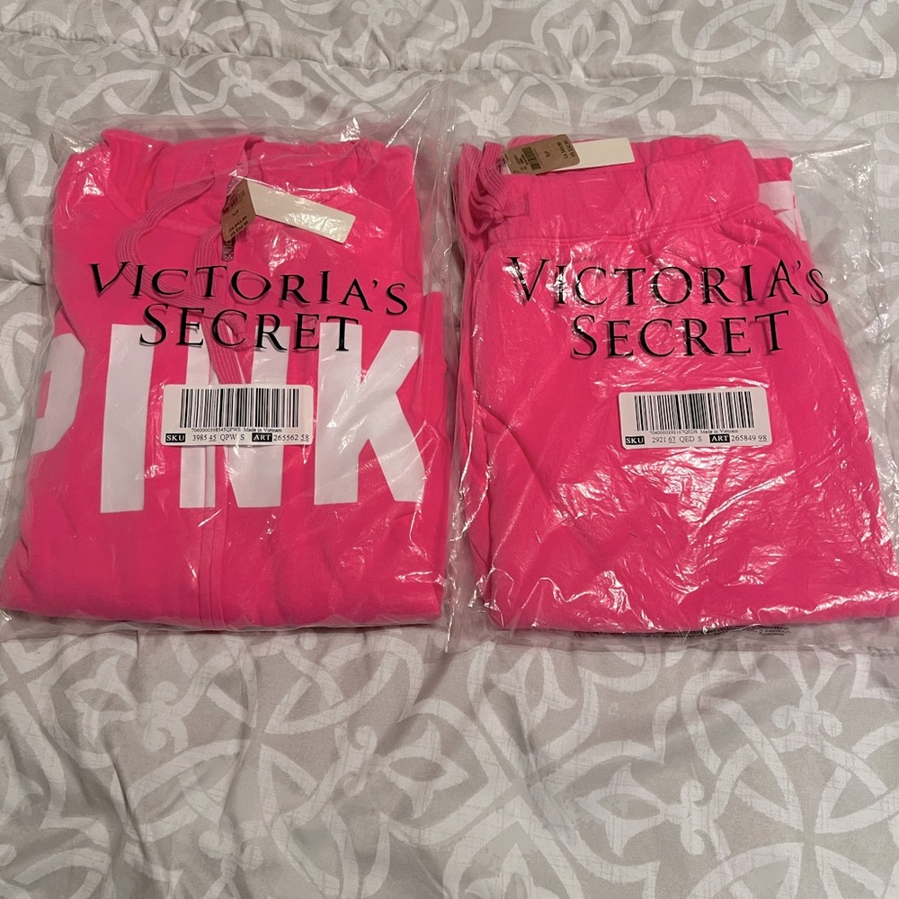 NWT- Hot pink Victoria secret Pink zip up hoodie and matching flared pants.